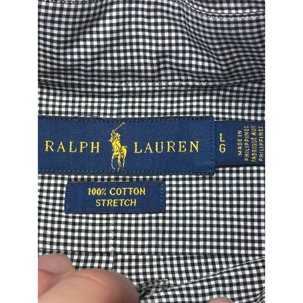 Ralph Lauren‎ Mens Gingham Shirt Navy White Long Sleeve Cotton Stretch Large